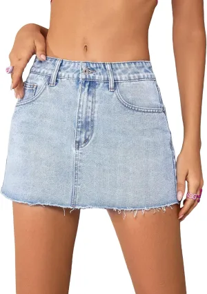 Milumia Women's Button Front Denim Mini Skirt Raw Hem Straight Short Skirt with Pockets