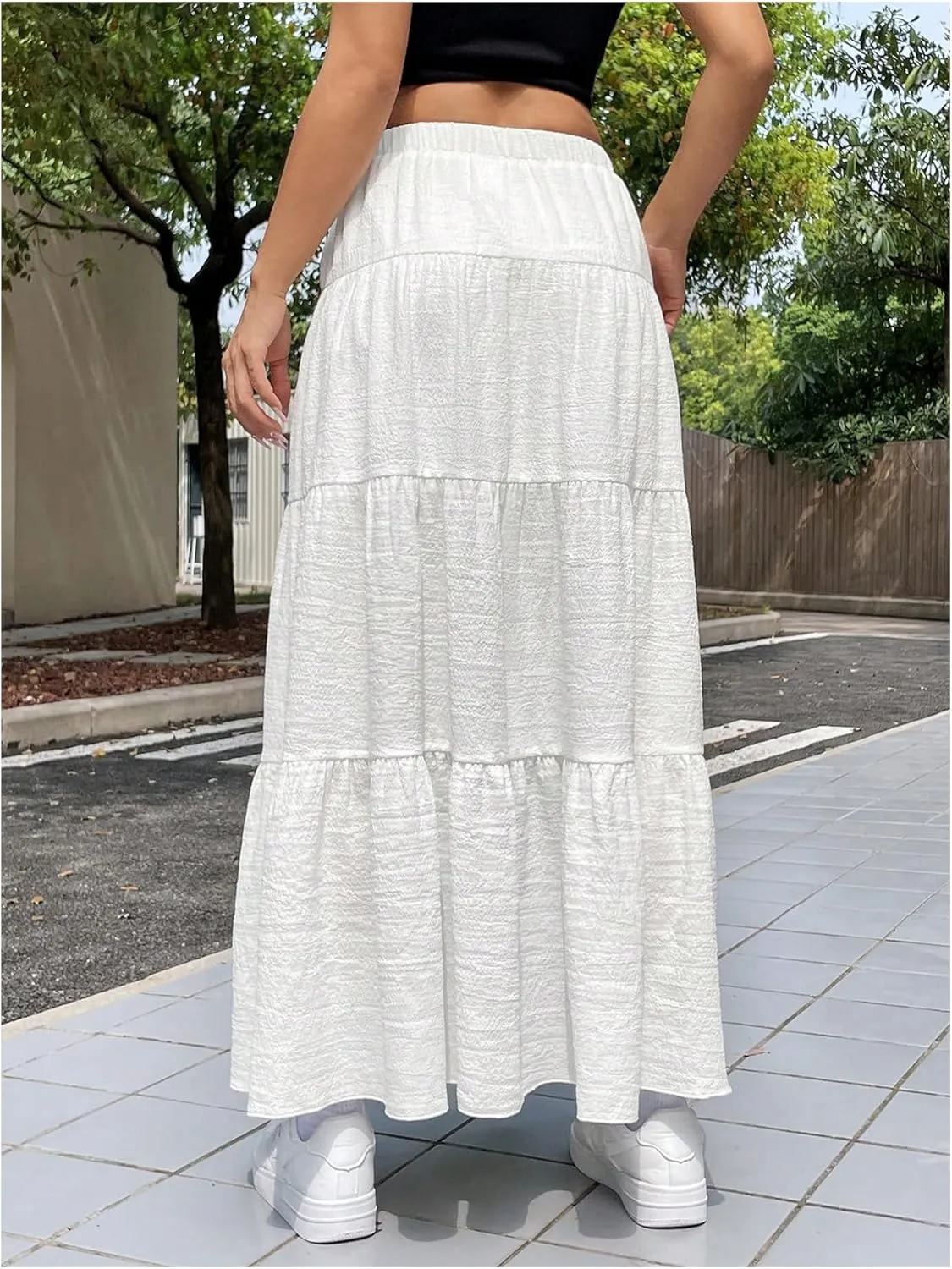 Milumia Women's Long Flowy Western Skirt Boho Tiered Flared Maxi Skirts