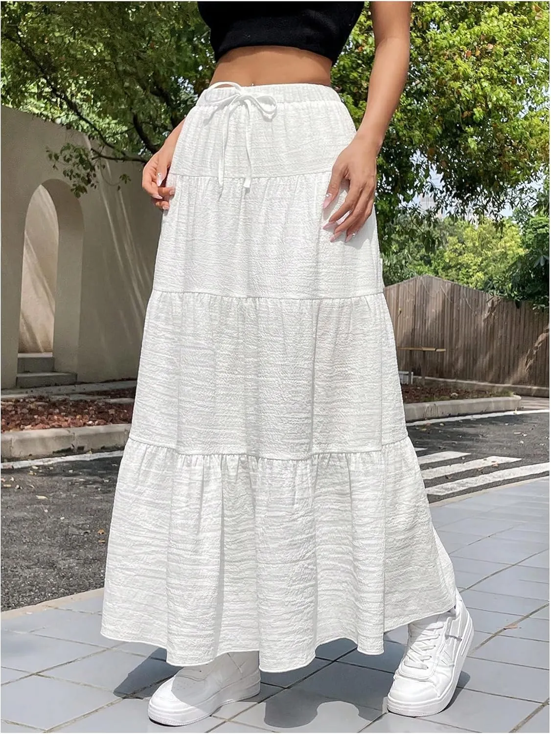 Milumia Women's Long Flowy Western Skirt Boho Tiered Flared Maxi Skirts
