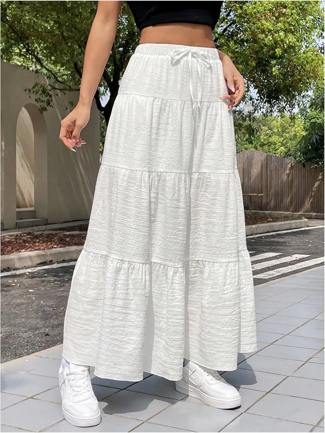 Milumia Women's Long Flowy Western Skirt Boho Tiered Flared Maxi Skirts