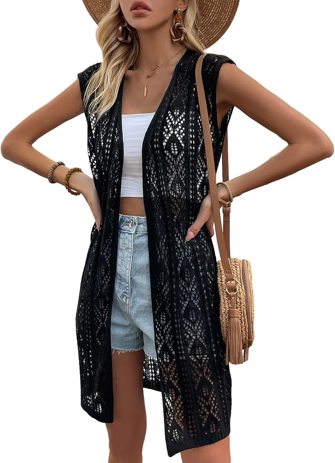 Milumia Women's Sleeveless Long Sweater Vest Crochet Knit Open Front Cardigan Hollow Out Kimono Cardigan