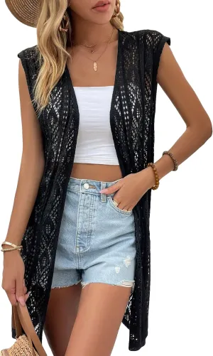 Milumia Women's Sleeveless Long Sweater Vest Crochet Knit Open Front Cardigan Hollow Out Kimono Cardigan