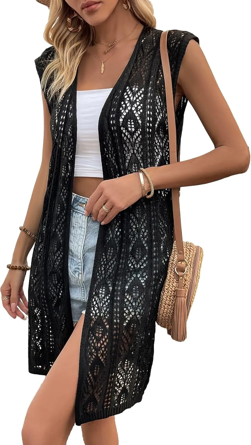 Milumia Women's Sleeveless Long Sweater Vest Crochet Knit Open Front Cardigan Hollow Out Kimono Cardigan