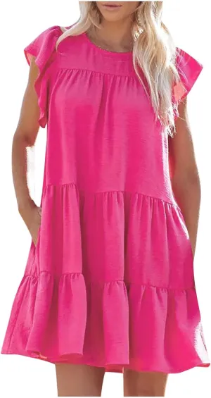 Mini Summer Dresses for Women 2025 Casual Dress Flutter Sleeve Dresses Beach Sun Dress with Pockets Ruffle Dresses