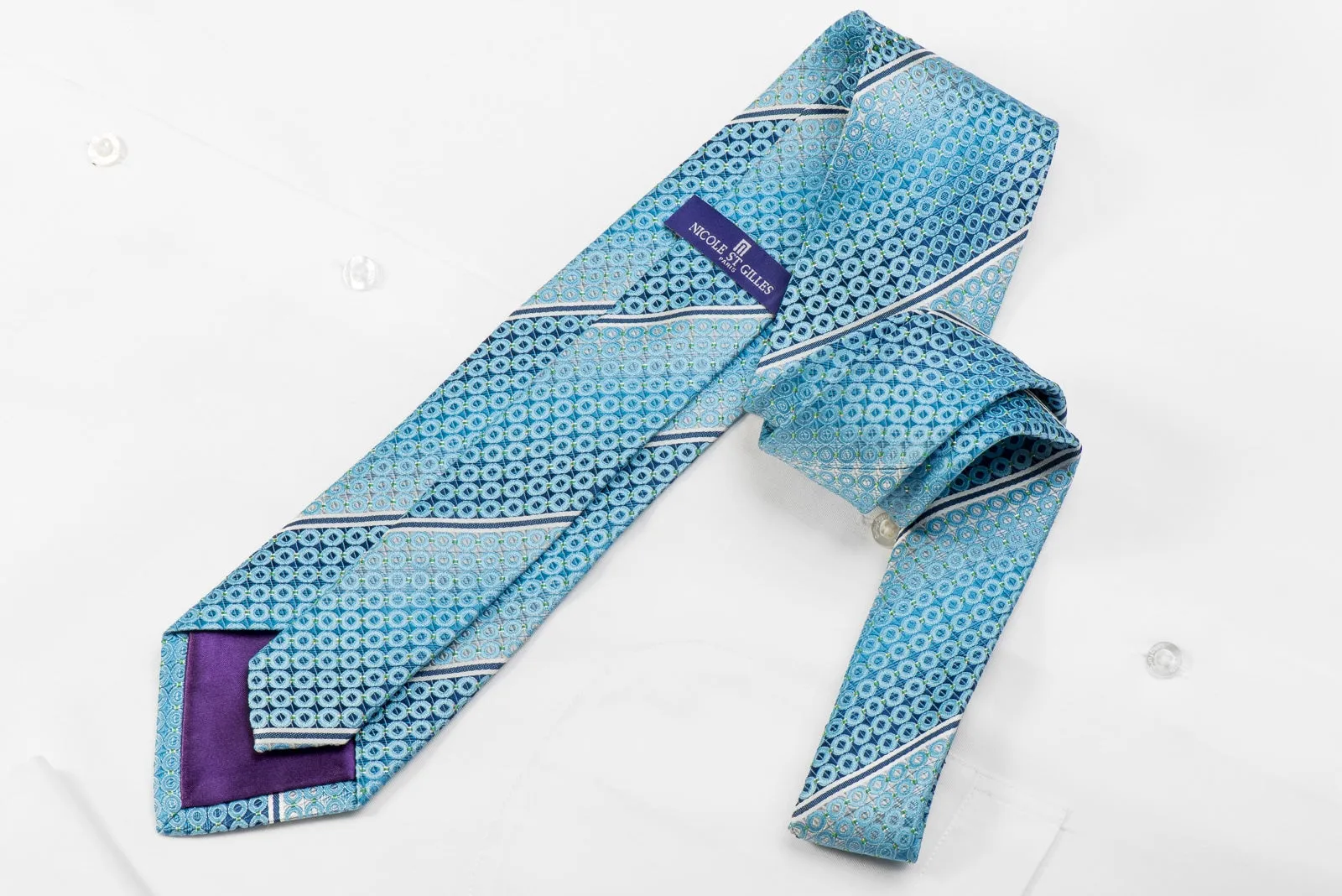 Nicole St Giles Men's Crystal Silk Necktie Silver Stripes & Geometric On Blue With Sparkles