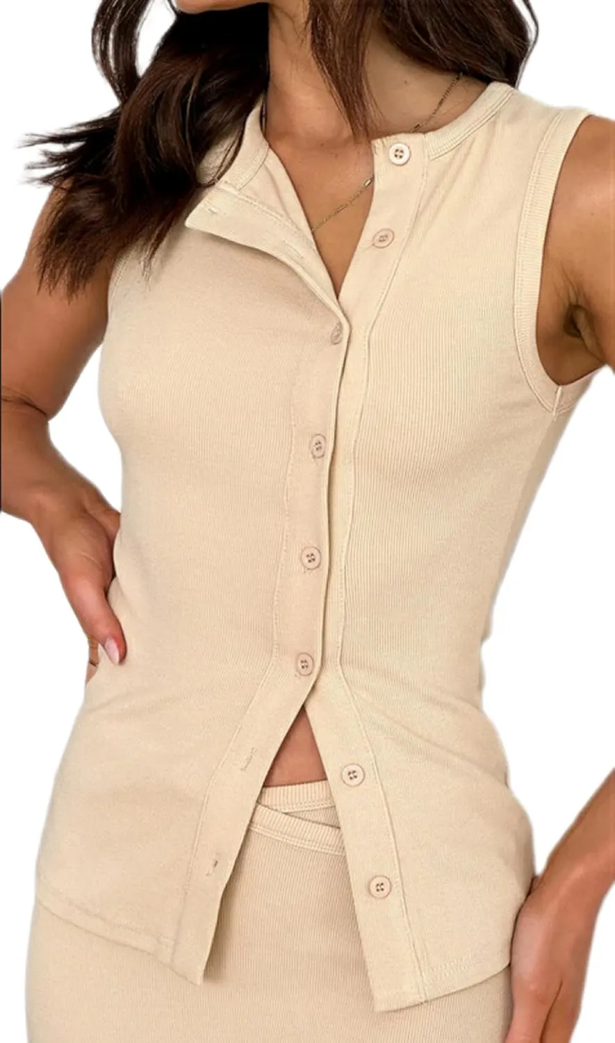 NUFIWI Women Ribbed Button Down Vest Sleeveless Crew Neck Open Front Shirt Tops Slim Fit Summer Casual Dressy Vest Top