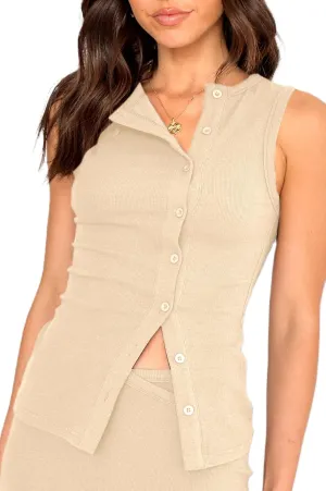 NUFIWI Women Ribbed Button Down Vest Sleeveless Crew Neck Open Front Shirt Tops Slim Fit Summer Casual Dressy Vest Top