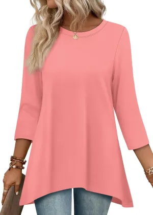 OFEEFAN Tunic Tops for Women Loose Fit Dressy 3/4 Length Sleeve Womens Tops with Asymmetrical Hem S-4XL