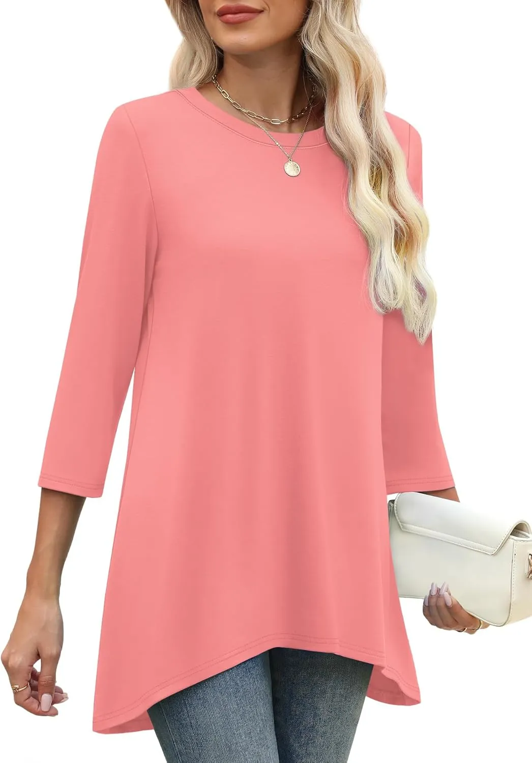 OFEEFAN Tunic Tops for Women Loose Fit Dressy 3/4 Length Sleeve Womens Tops with Asymmetrical Hem S-4XL
