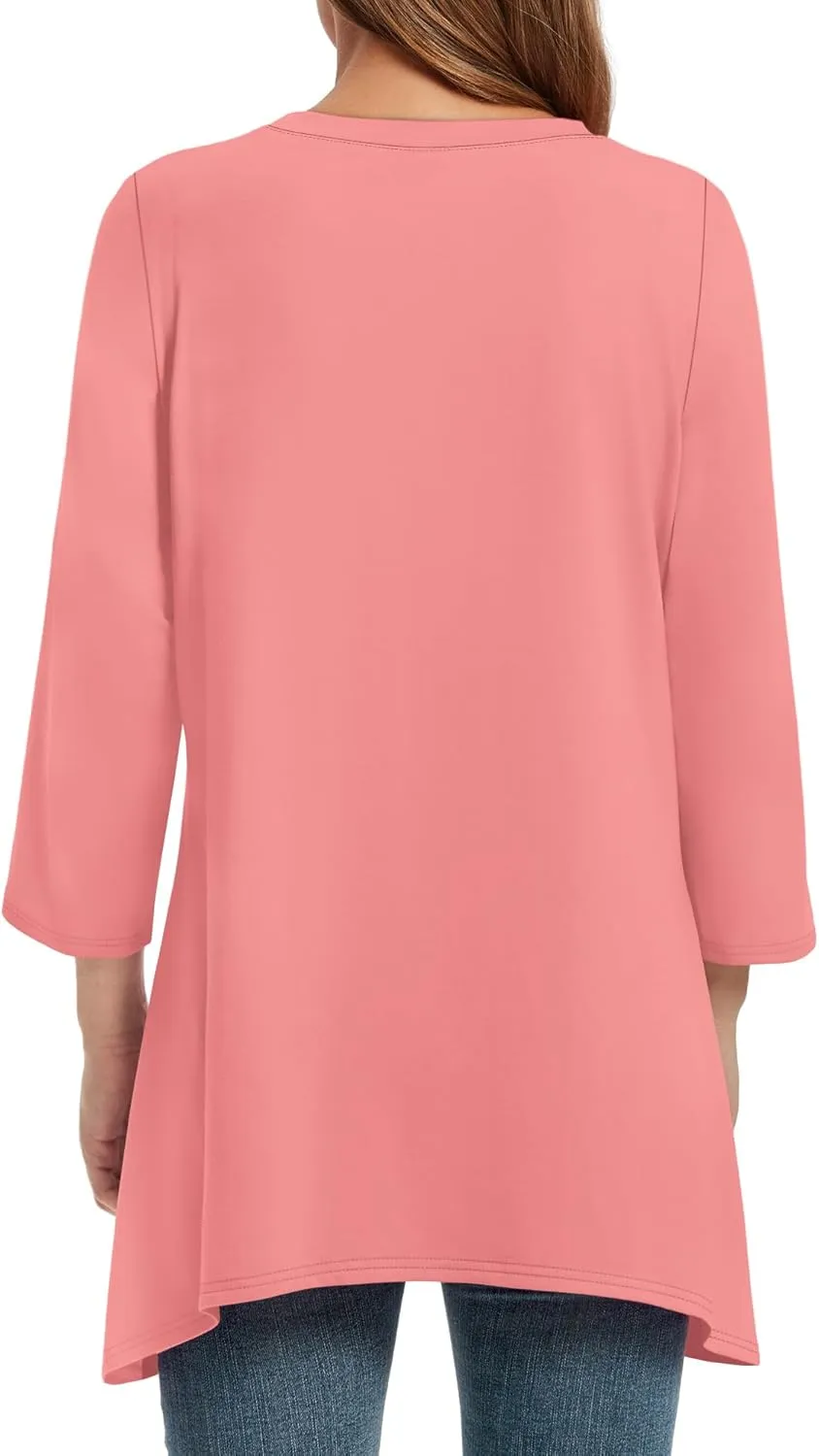 OFEEFAN Tunic Tops for Women Loose Fit Dressy 3/4 Length Sleeve Womens Tops with Asymmetrical Hem S-4XL