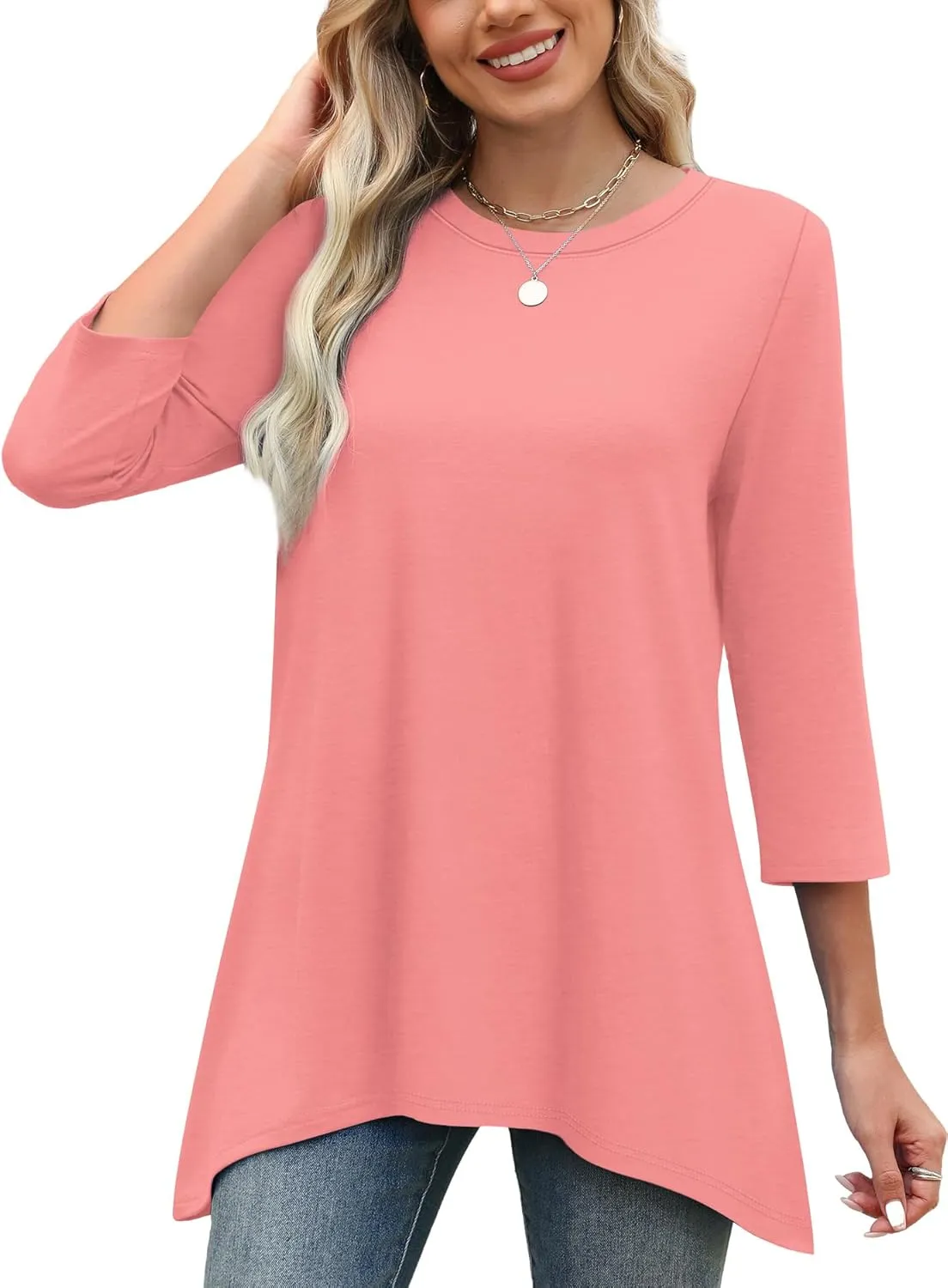 OFEEFAN Tunic Tops for Women Loose Fit Dressy 3/4 Length Sleeve Womens Tops with Asymmetrical Hem S-4XL