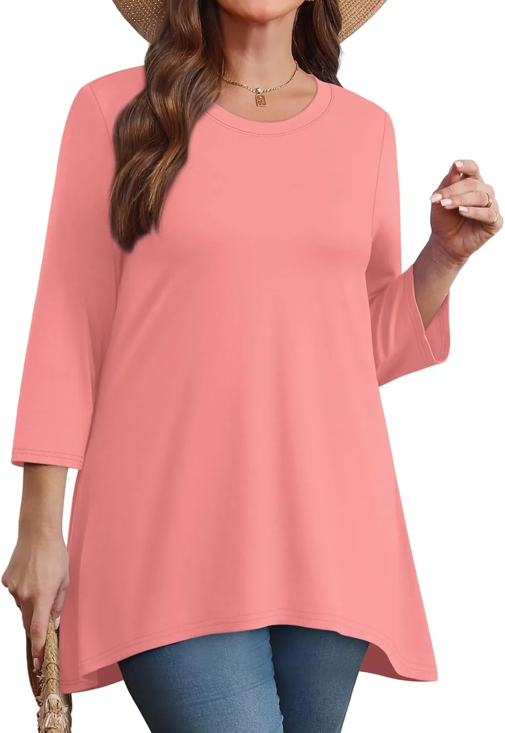 OFEEFAN Tunic Tops for Women Loose Fit Dressy 3/4 Length Sleeve Womens Tops with Asymmetrical Hem S-4XL