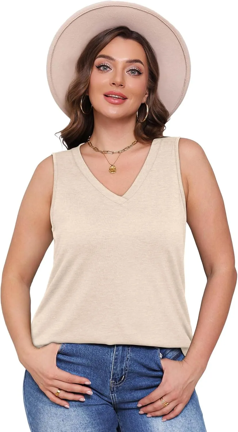 OFEEFAN Womens Tank Tops 2025 Loose Fit Casual V Neck Shirts Flowy Sleeveless Summer Tops