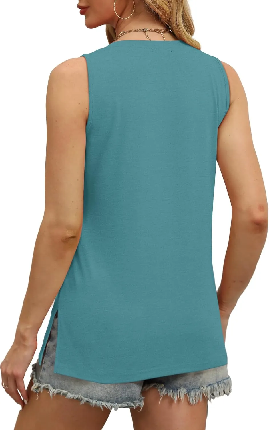 OFEEFAN Womens Tank Tops V Neck Loose Fit Basic Casual Summer Tops Side Split Sleeveless Shirts