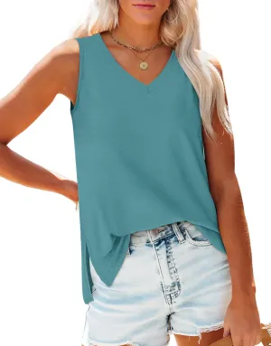 OFEEFAN Womens Tank Tops V Neck Loose Fit Basic Casual Summer Tops Side Split Sleeveless Shirts