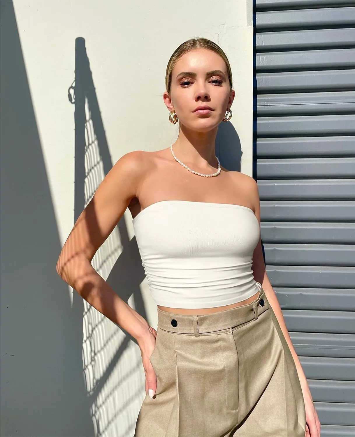 OQQ Womens 2 Piece Tube Tops Strapless Basic Sleeveless Stretch Classic-Fit Shirts Sexy Crop Tops