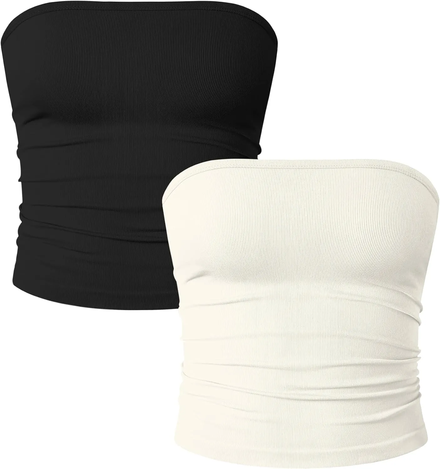 OQQ Womens 2 Piece Tube Tops Strapless Basic Sleeveless Stretch Classic-Fit Shirts Sexy Crop Tops