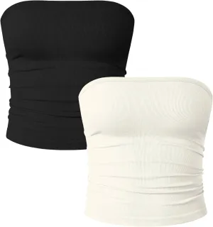 OQQ Womens 2 Piece Tube Tops Strapless Basic Sleeveless Stretch Classic-Fit Shirts Sexy Crop Tops