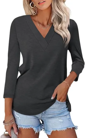 ORANDESIGNE Women's 3/4 Length Sleeves V Neck Tops Shirts Basic Summer Ladies Tees
