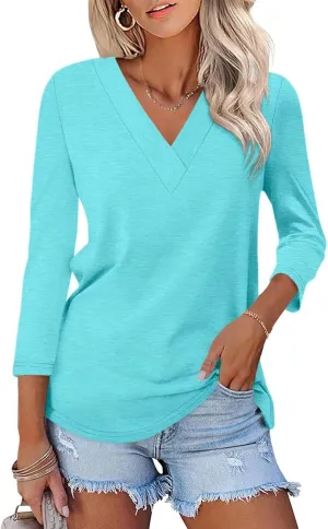 ORANDESIGNE Women's 3/4 Length Sleeves V Neck Tops Shirts Basic Summer Ladies Tees