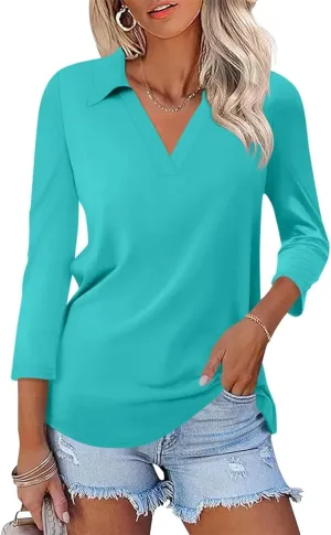 ORANDESIGNE Women's 3/4 Sleeves V Neck Polo Shirts Casual Summer Tops Basic Collar Cute Tees