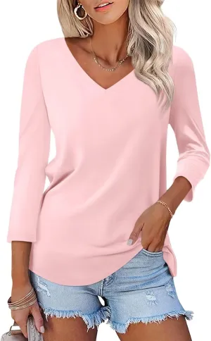 ORANDESIGNE Women's 3/4 Sleeves V Neck T Shirts Casual Summer Tops Basic Tees