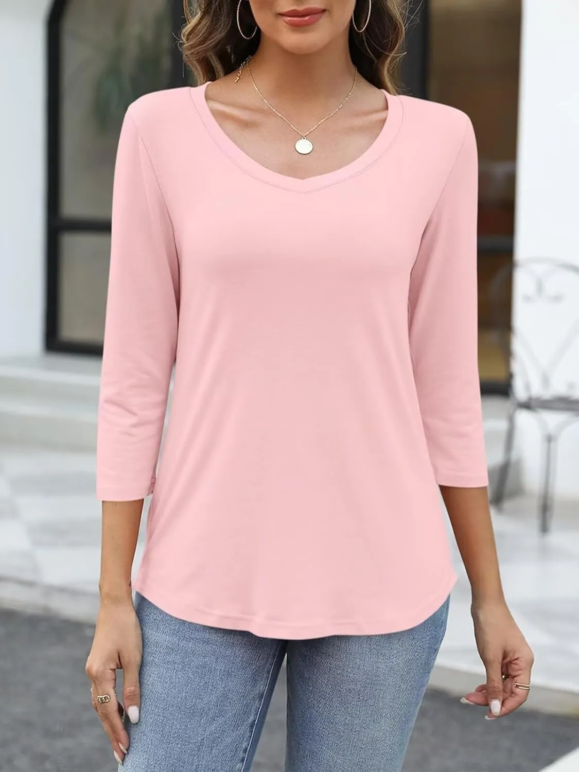 ORANDESIGNE Women's 3/4 Sleeves V Neck T Shirts Casual Summer Tops Basic Tees
