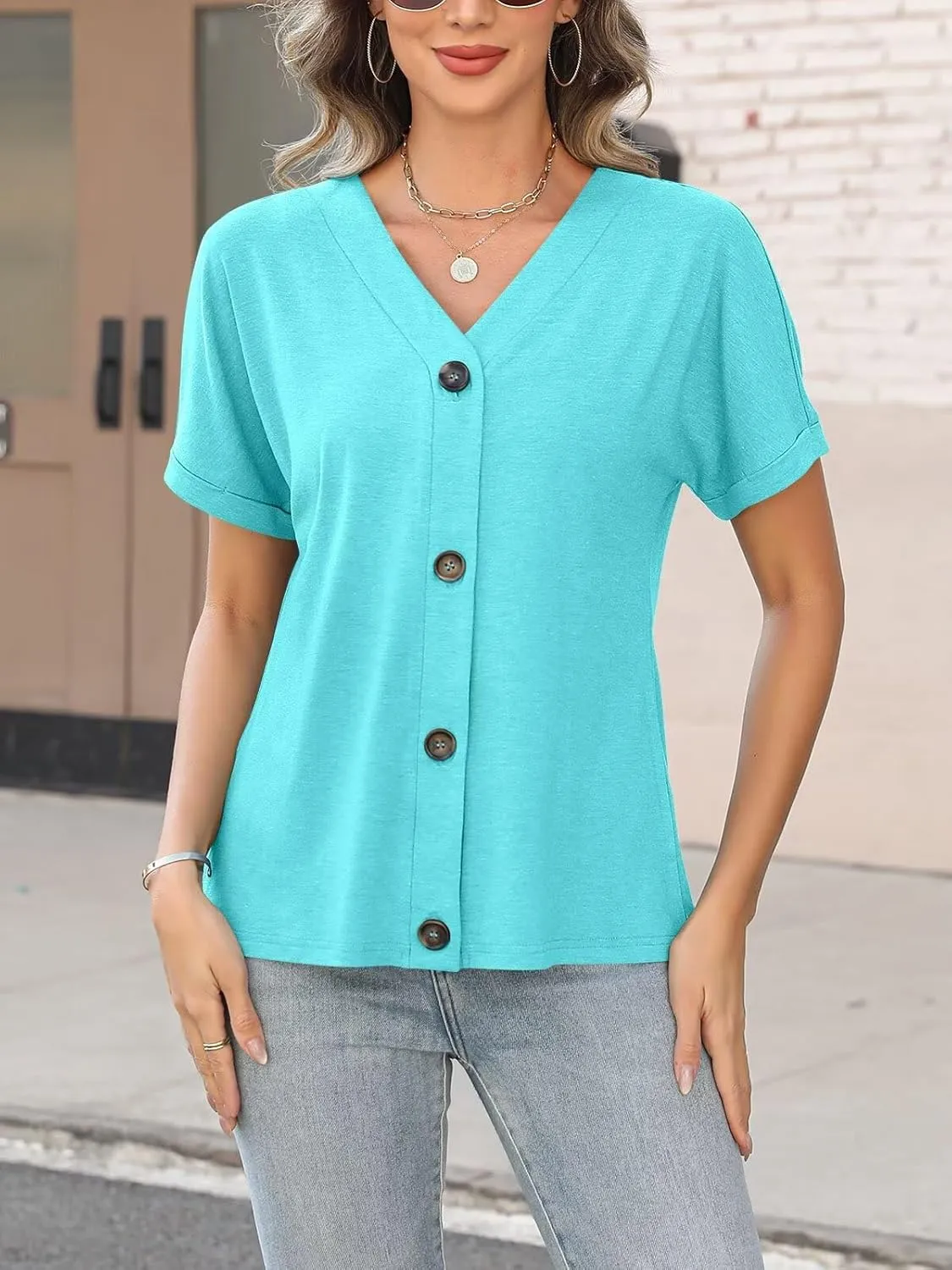 ORANDESIGNE Women's Short Sleeve V Neck Tops Casual Button Down Summer T Shirts Basic Ladies Tees