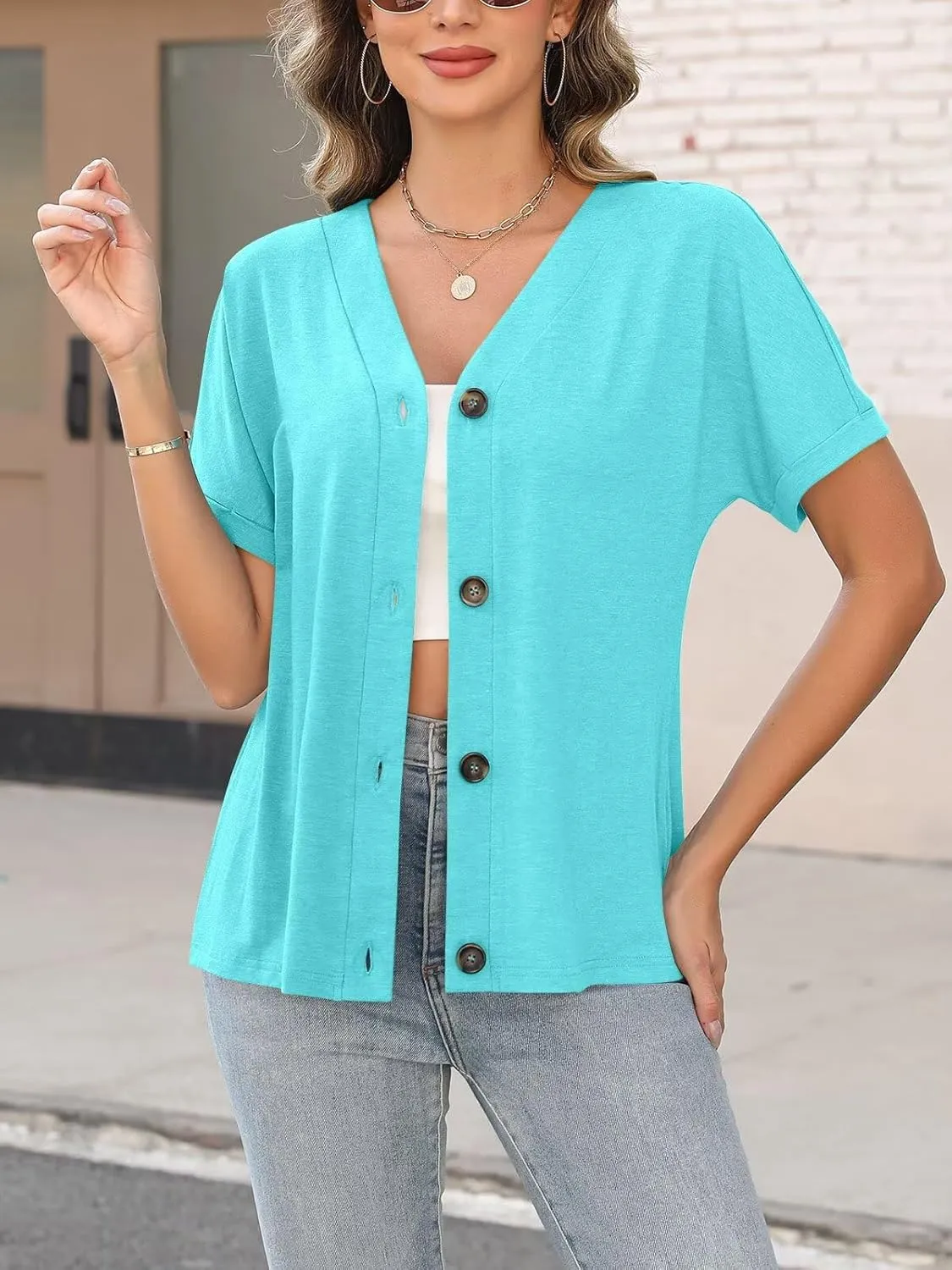ORANDESIGNE Women's Short Sleeve V Neck Tops Casual Button Down Summer T Shirts Basic Ladies Tees