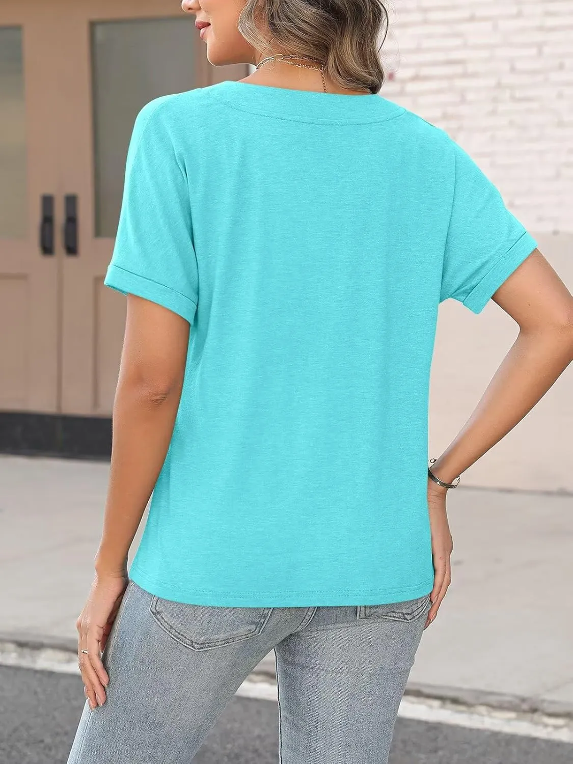 ORANDESIGNE Women's Short Sleeve V Neck Tops Casual Button Down Summer T Shirts Basic Ladies Tees