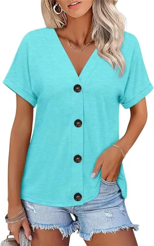 ORANDESIGNE Women's Short Sleeve V Neck Tops Casual Button Down Summer T Shirts Basic Ladies Tees