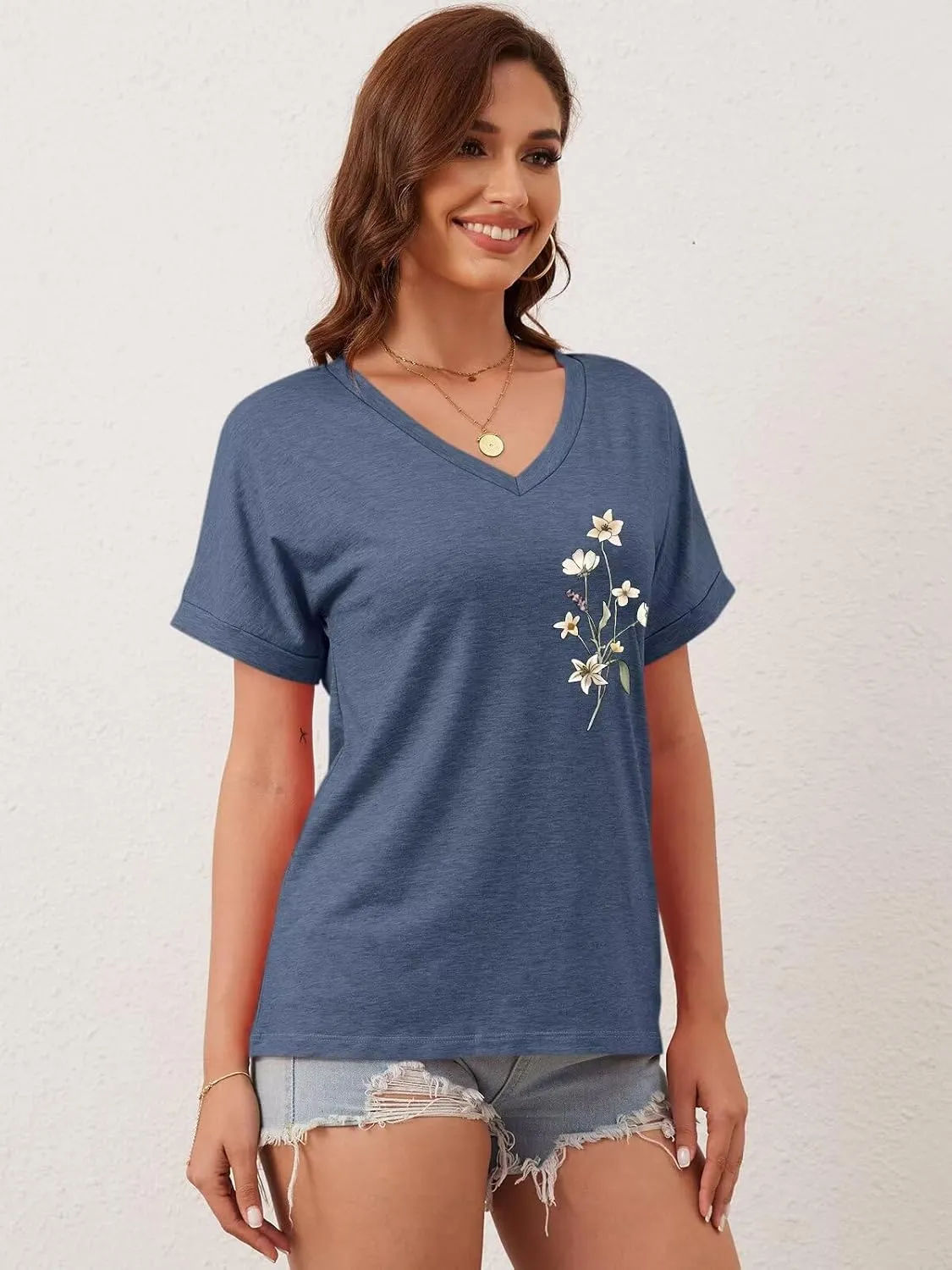 ORANDESIGNE Womens Sunflower Print T Shirts V Neck Graphic Short Sleeve Vintage Tees Summer Casaul Loose Fit Tops
