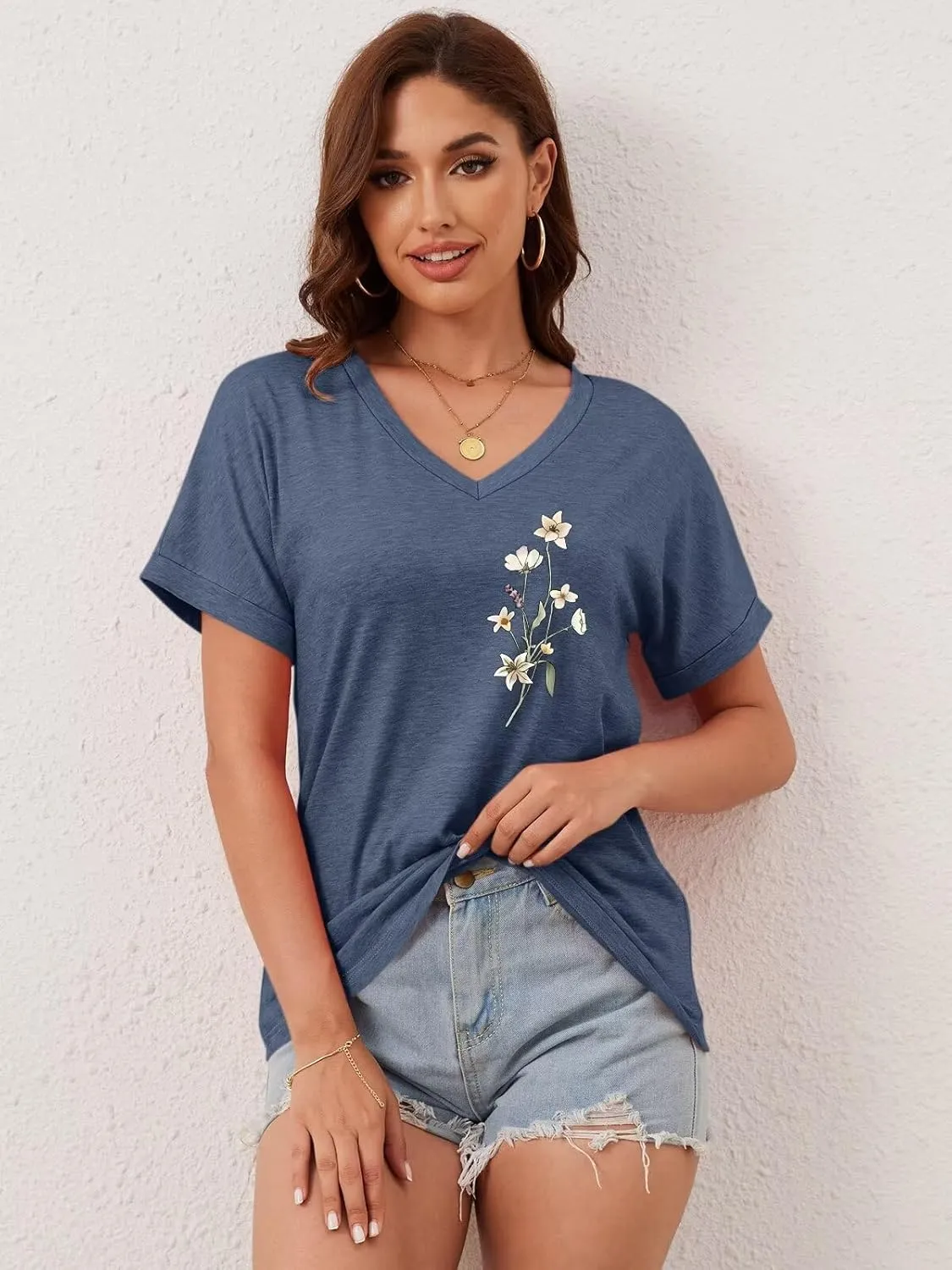 ORANDESIGNE Womens Sunflower Print T Shirts V Neck Graphic Short Sleeve Vintage Tees Summer Casaul Loose Fit Tops