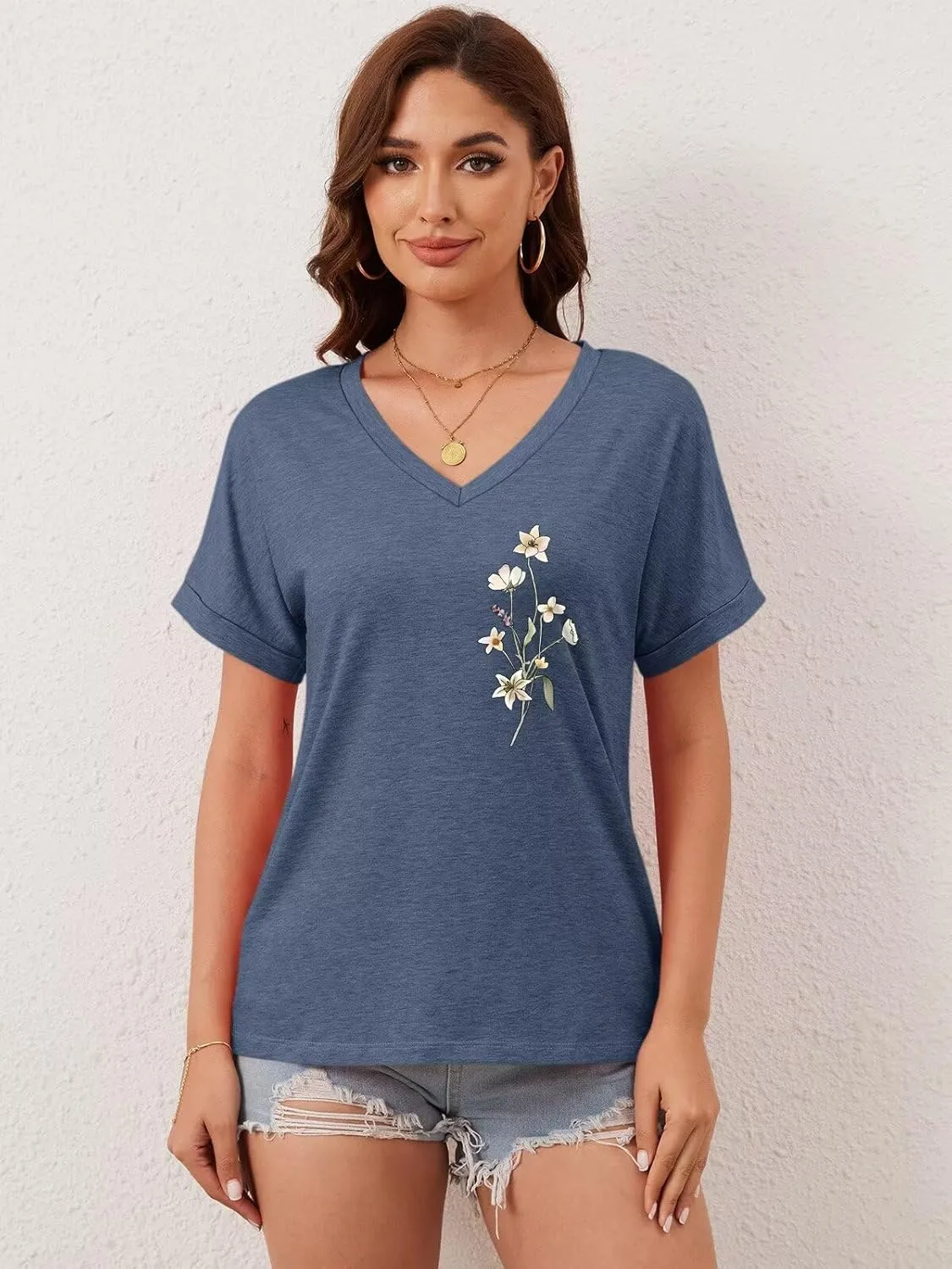 ORANDESIGNE Womens Sunflower Print T Shirts V Neck Graphic Short Sleeve Vintage Tees Summer Casaul Loose Fit Tops