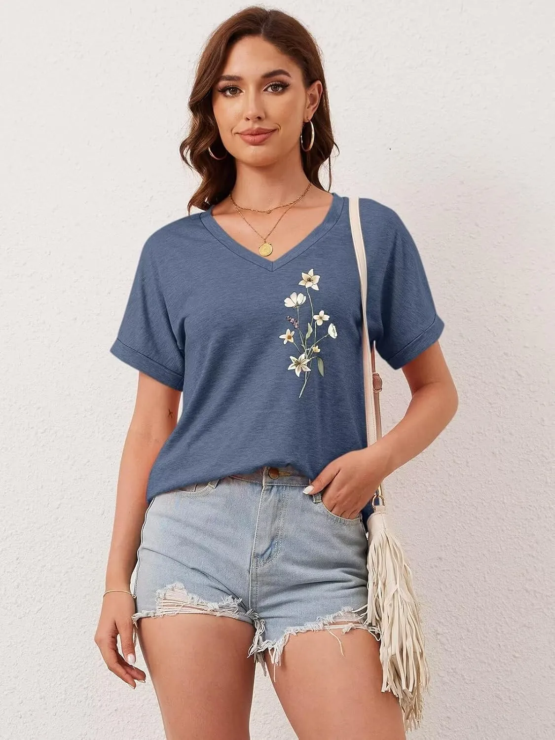 ORANDESIGNE Womens Sunflower Print T Shirts V Neck Graphic Short Sleeve Vintage Tees Summer Casaul Loose Fit Tops
