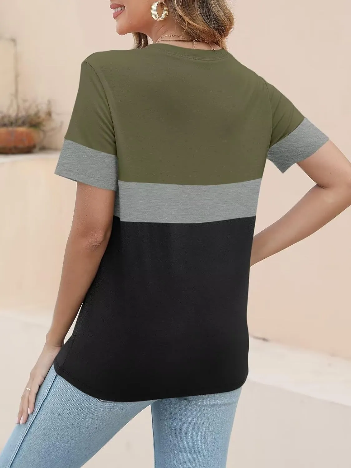 ORANDESIGNE Womens T Shirts Short Sleeve Color Block Tops Casual Summer Fashion Tees