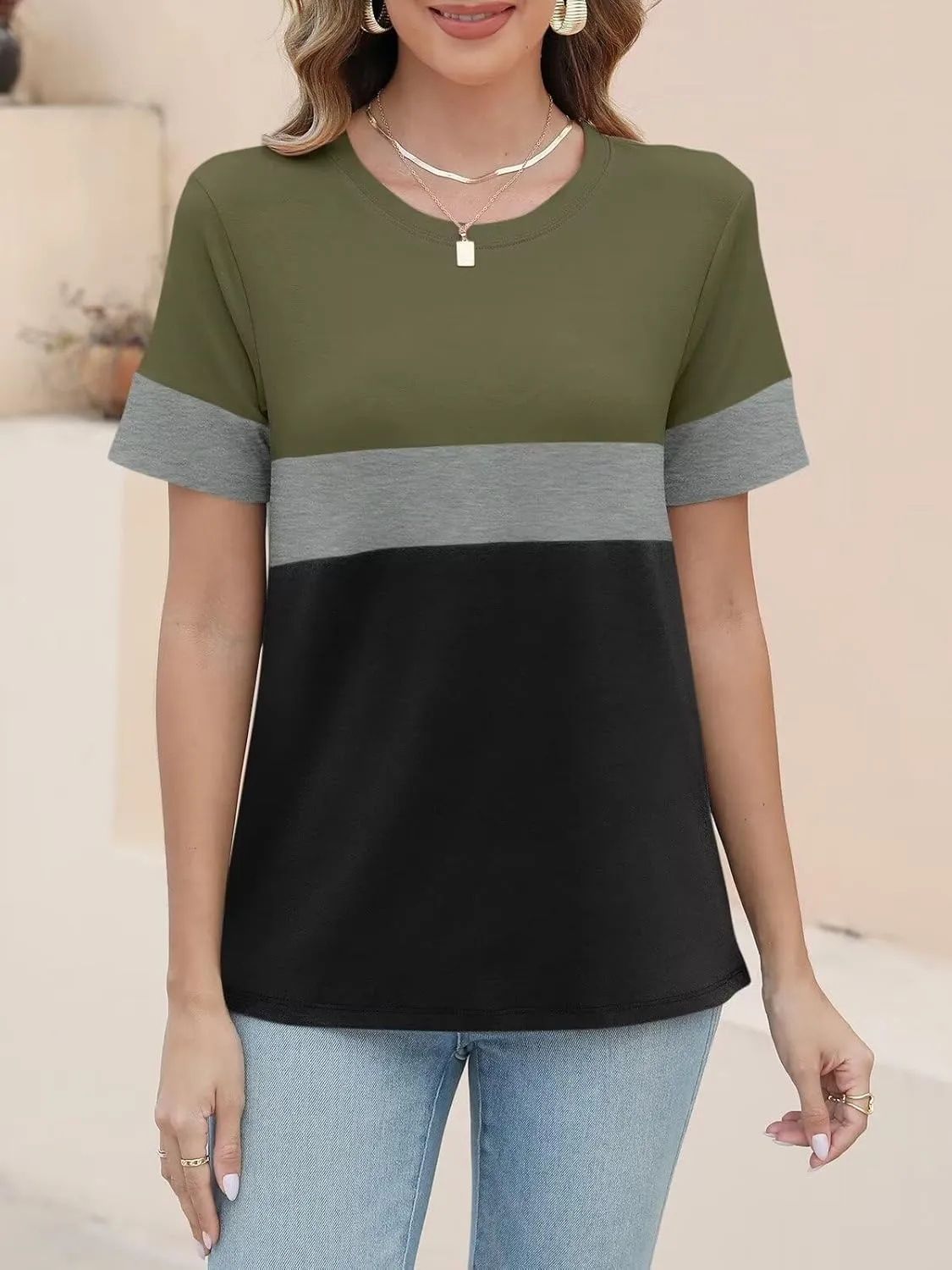 ORANDESIGNE Womens T Shirts Short Sleeve Color Block Tops Casual Summer Fashion Tees