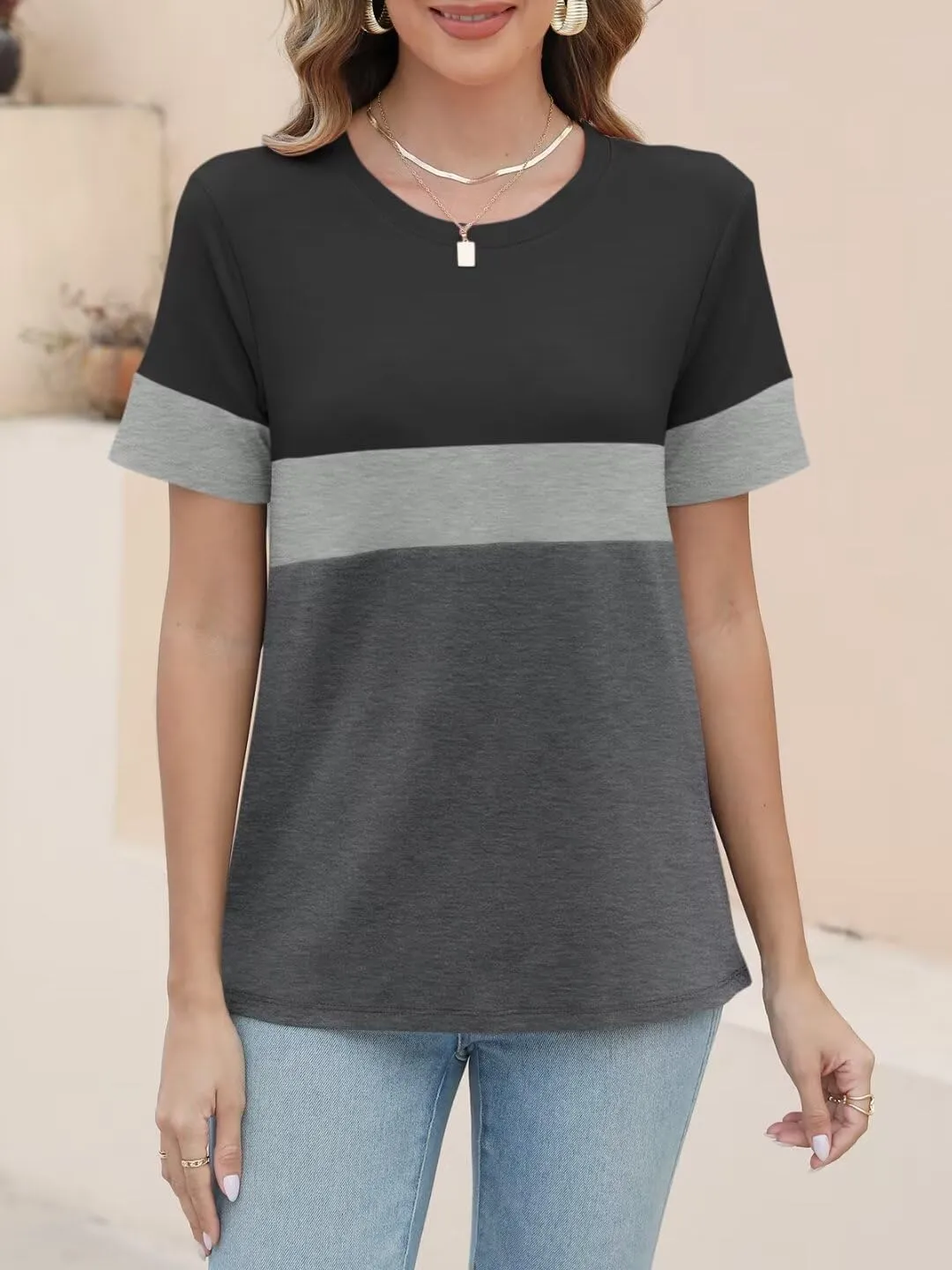 ORANDESIGNE Womens T Shirts Short Sleeve Color Block Tops Casual Summer Fashion Tees