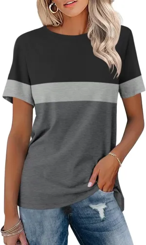 ORANDESIGNE Womens T Shirts Short Sleeve Color Block Tops Casual Summer Fashion Tees