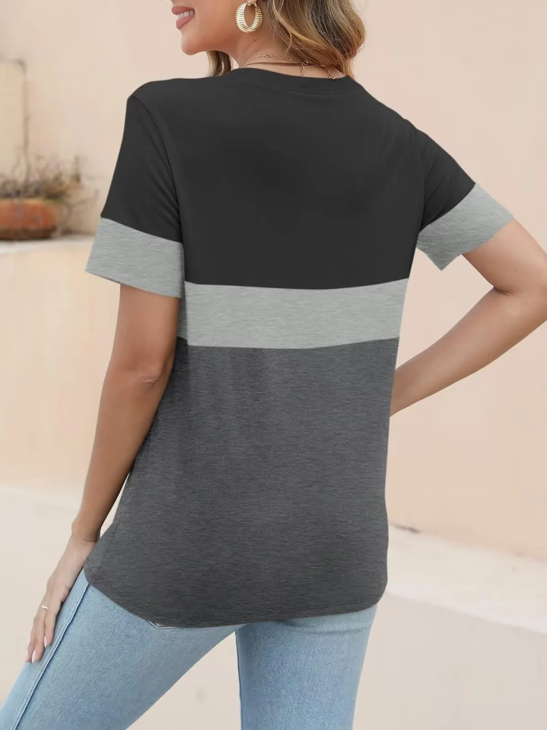 ORANDESIGNE Womens T Shirts Short Sleeve Color Block Tops Casual Summer Fashion Tees