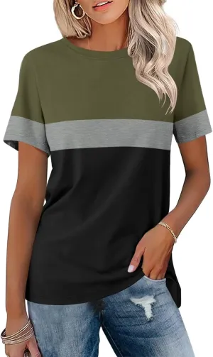 ORANDESIGNE Womens T Shirts Short Sleeve Color Block Tops Casual Summer Fashion Tees