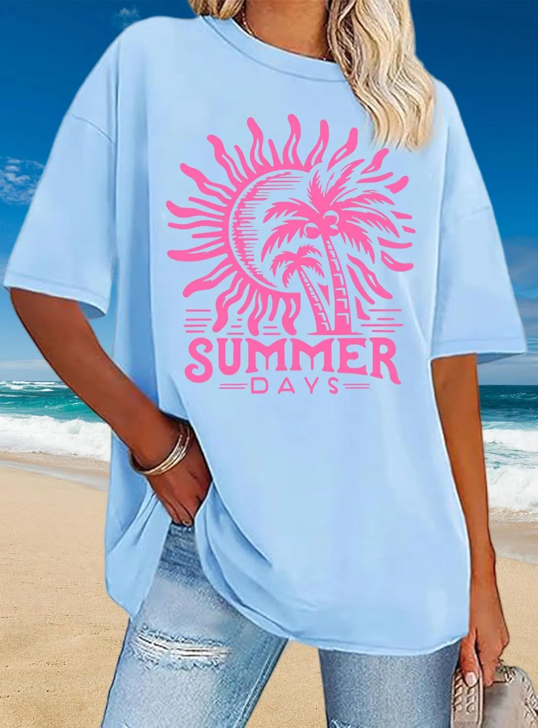 Oversized Graphic Tees for Women Summer Beach Vacation Shirts Coconut Tree Casual Loose T-Shirt Tops
