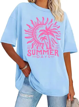 Oversized Graphic Tees for Women Summer Beach Vacation Shirts Coconut Tree Casual Loose T-Shirt Tops