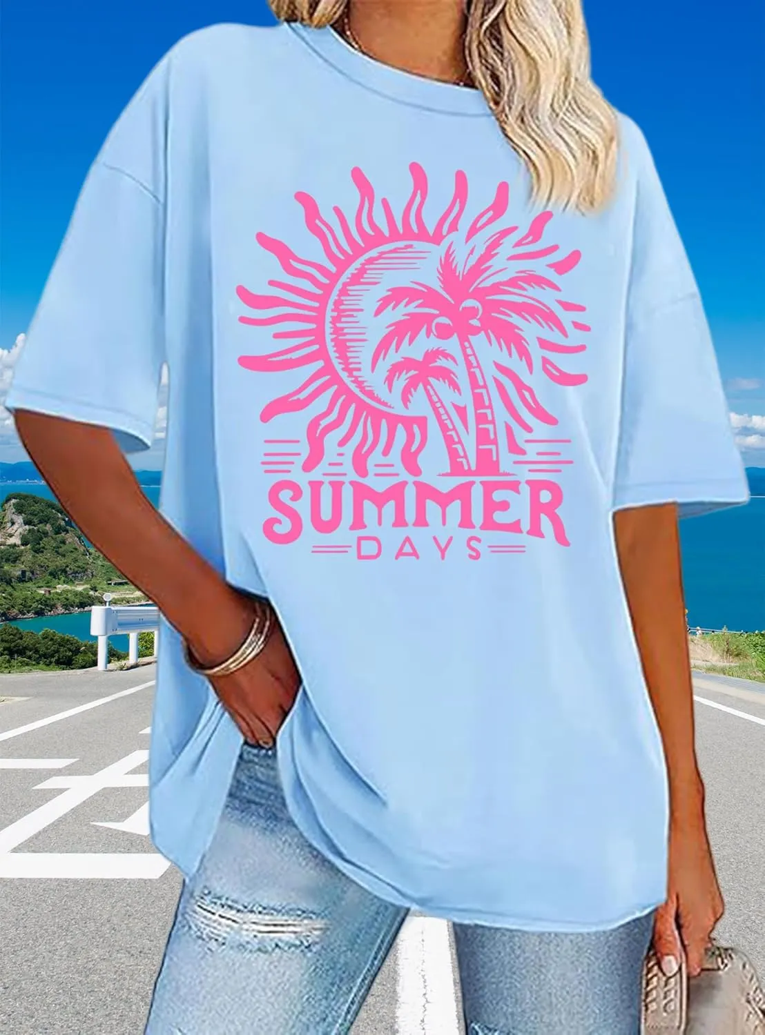Oversized Graphic Tees for Women Summer Beach Vacation Shirts Coconut Tree Casual Loose T-Shirt Tops