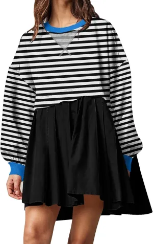 Oversized Sweatshirt Dress Womens Fall Fashion 2024 Long Sleeve Crewneck Patchwork Pullover Tops Pleated Mini Dress