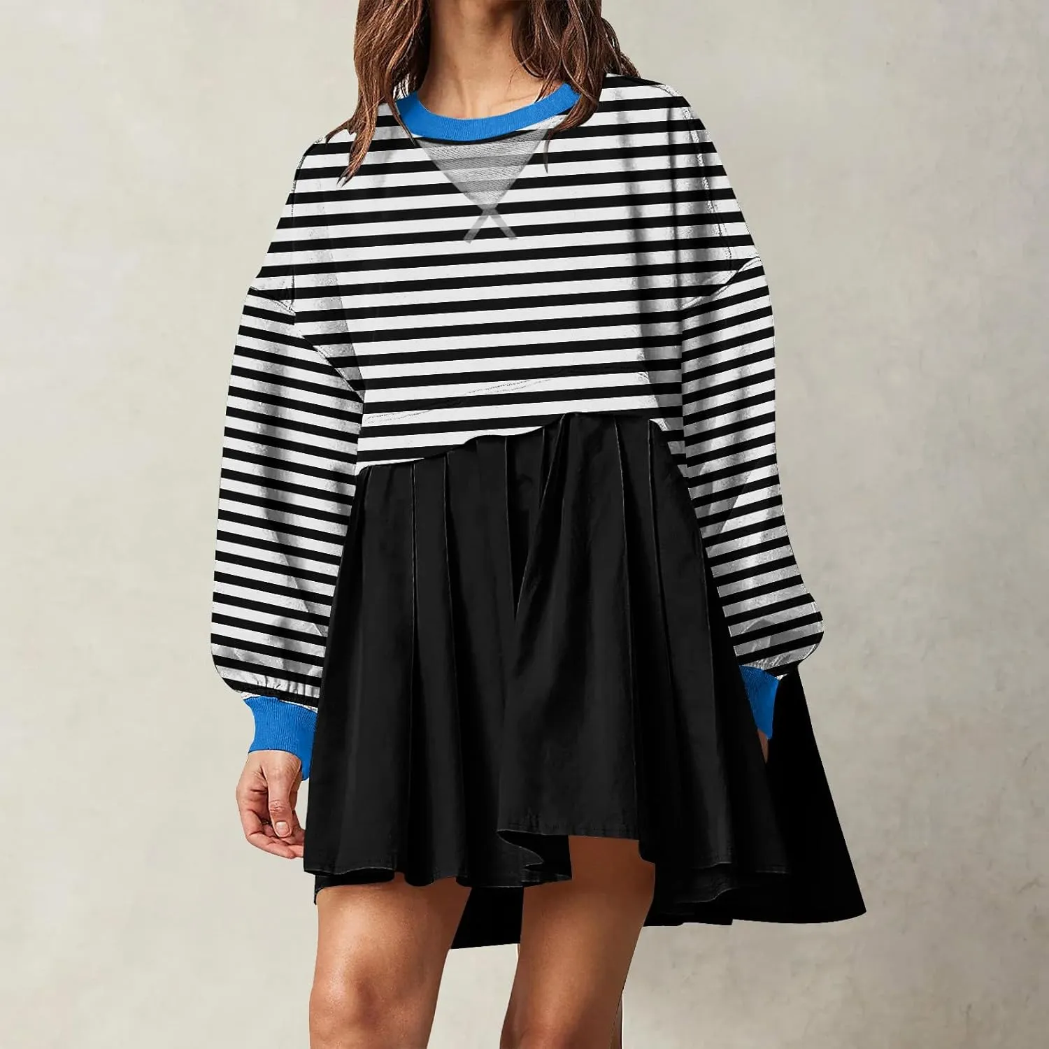 Oversized Sweatshirt Dress Womens Fall Fashion 2024 Long Sleeve Crewneck Patchwork Pullover Tops Pleated Mini Dress