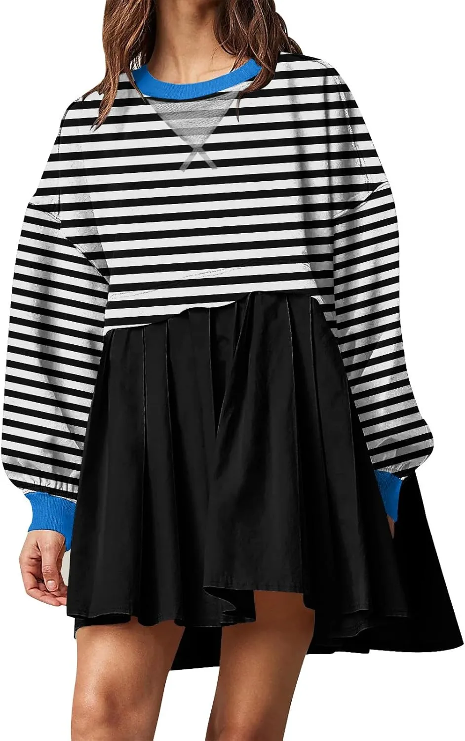 Oversized Sweatshirt Dress Womens Fall Fashion 2024 Long Sleeve Crewneck Patchwork Pullover Tops Pleated Mini Dress