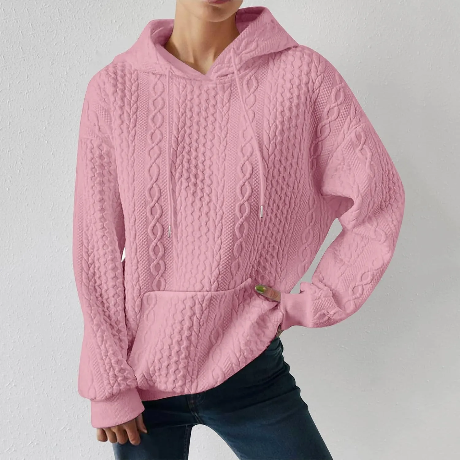 Oversized Sweatshirts for Women Loose Fit Drawstring Waffle Knit Hoodies Casual Cute Solid Long Sleeve Pullover Tops