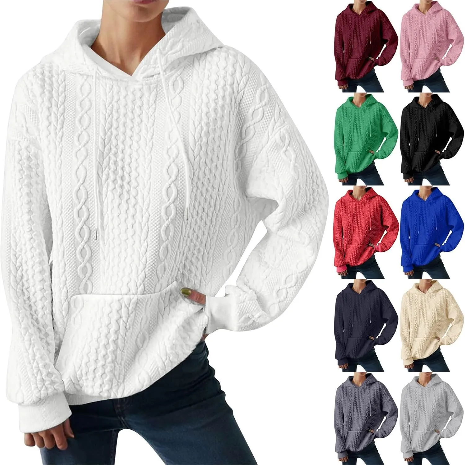 Oversized Sweatshirts for Women Loose Fit Drawstring Waffle Knit Hoodies Casual Cute Solid Long Sleeve Pullover Tops