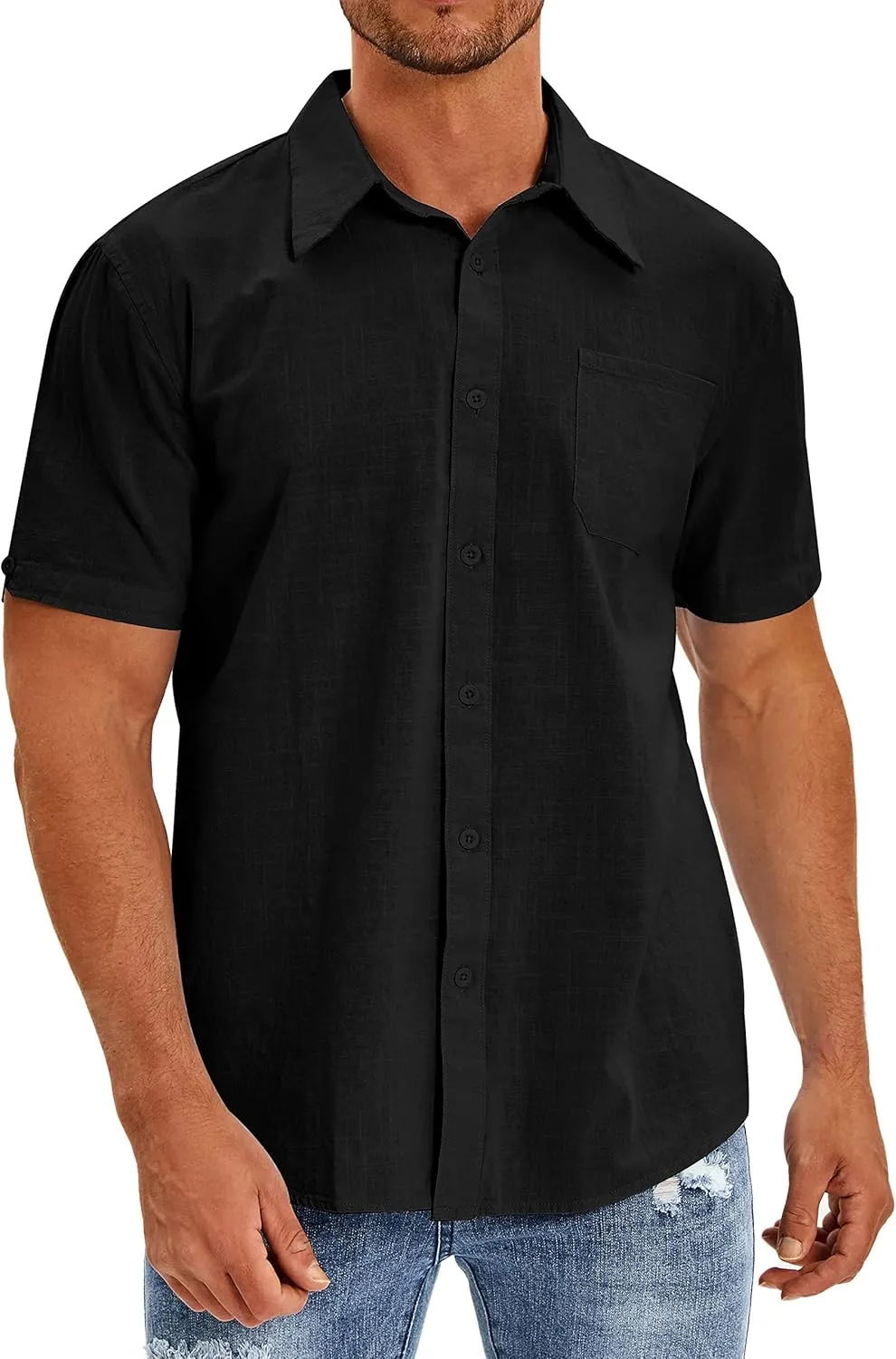 Oyamiki Mens Short Sleeve Regular-Fit Shirt Fishing Tees Linen Casual Button-Down Shirts